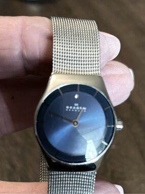 Skagen Women's Silver Mesh Blue Dial Minimalist Watch. Needs battery